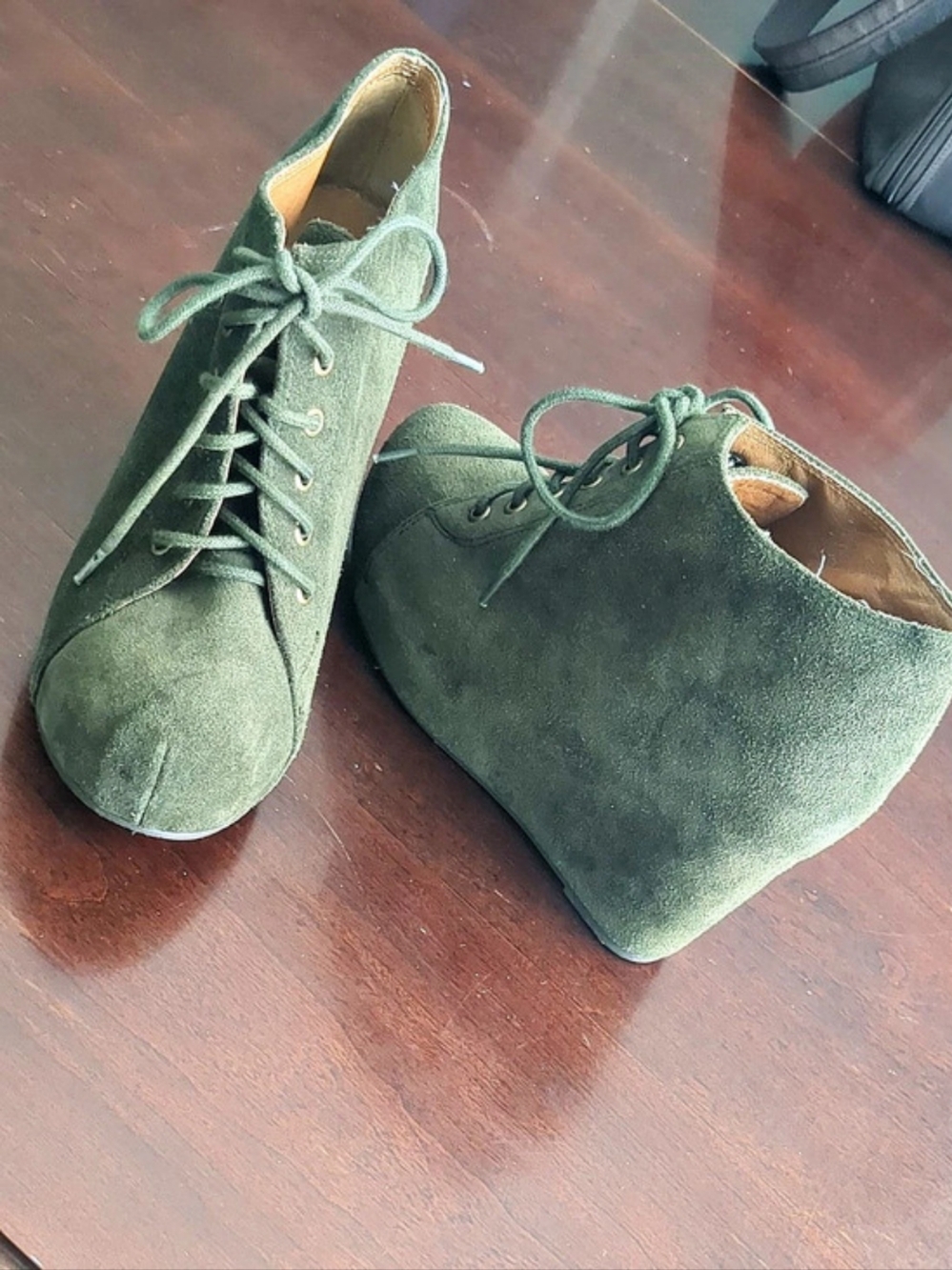 Women's Jeffrey Campbell "99 Tie" Olive Green Platform Wedge Booties, Sz 9